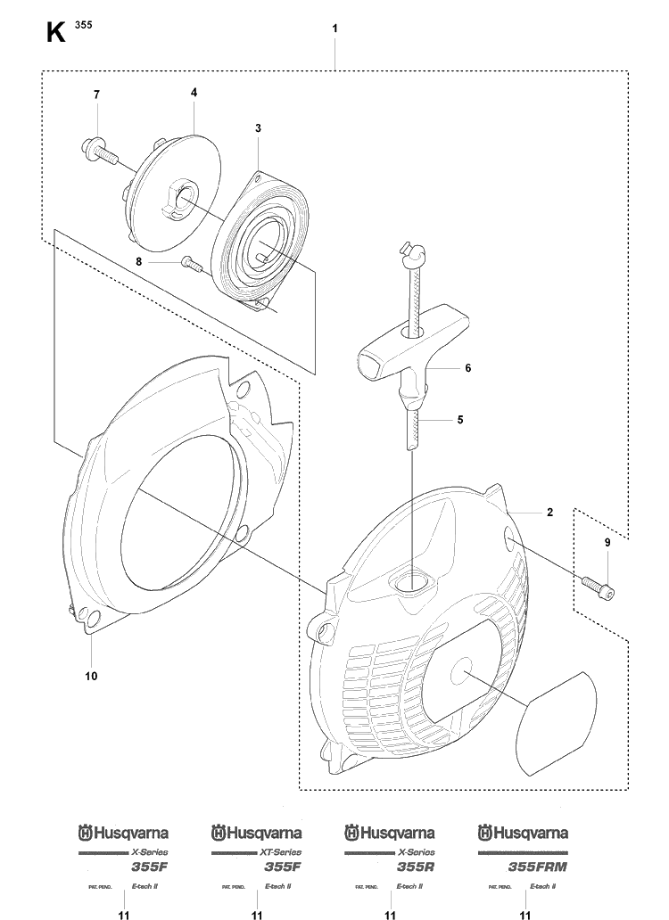 Starter Diagram and Parts List for 355FX 20082700001-20192999999 Husqvarna Brush Cutter