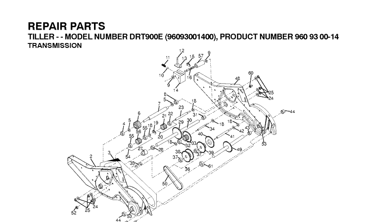 Transmission Diagram and Parts List for DRT900E (96093001401)(2010-10) Husqvarna Cultivator