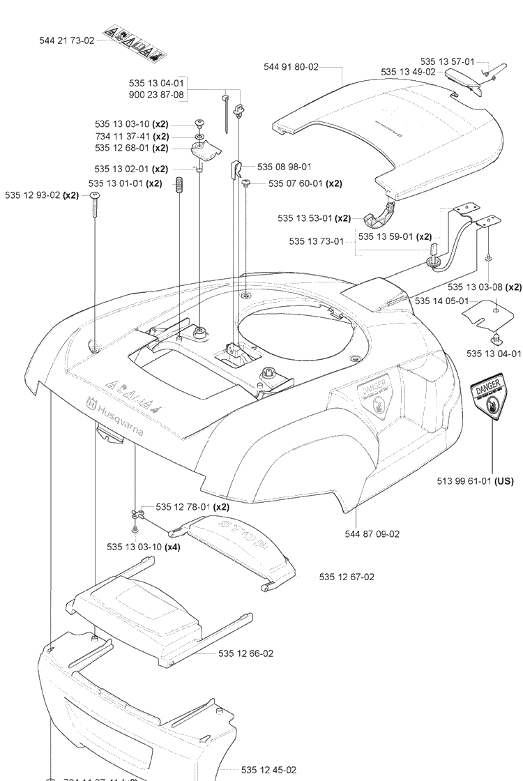 Shell / Body / Cover Diagram and Parts List for 220AC 2007-05 Husqvarna Lawn Mower