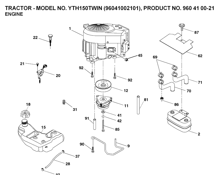 Engine Diagram and Parts List for YTH150 (96041002101)(2008-01) Husqvarna Lawn Tractor