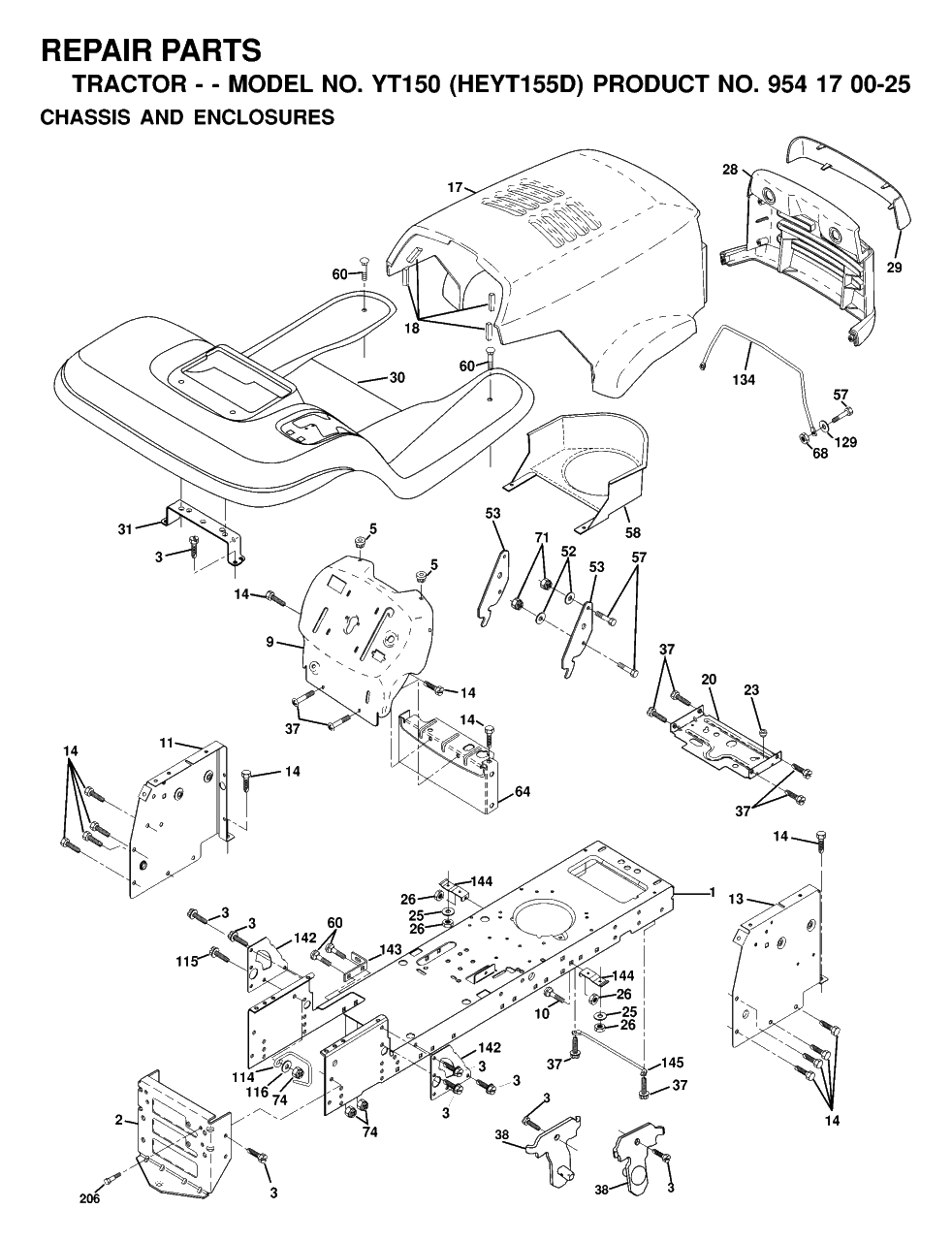 Chassis And Enclosures Diagram and Parts List for YT150 (954170025-D)(2000-02) Husqvarna Lawn Tractor