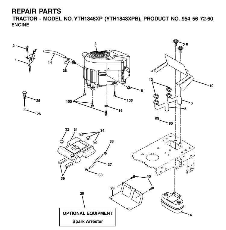 Engine Diagram and Parts List for YTH1848XP (954567260)(2001-05) Husqvarna Lawn Tractor