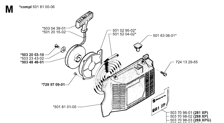 Starter Diagram and Parts List for 281 20000600001-20014000000 Husqvarna Chainsaw