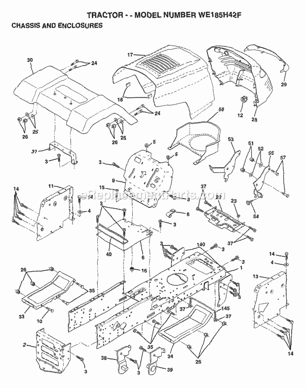 Chassis And Enclosures Diagram and Parts List for WE185H42F 1999 Husqvarna Lawn Tractor