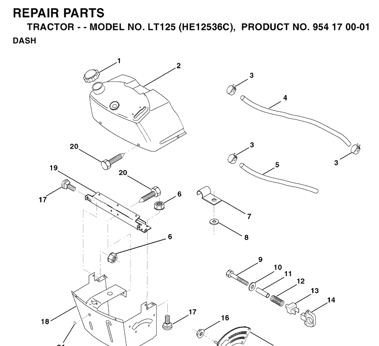 Dash Diagram and Parts List for LT125 (HE12536C)(1996-01) Husqvarna Lawn Tractor