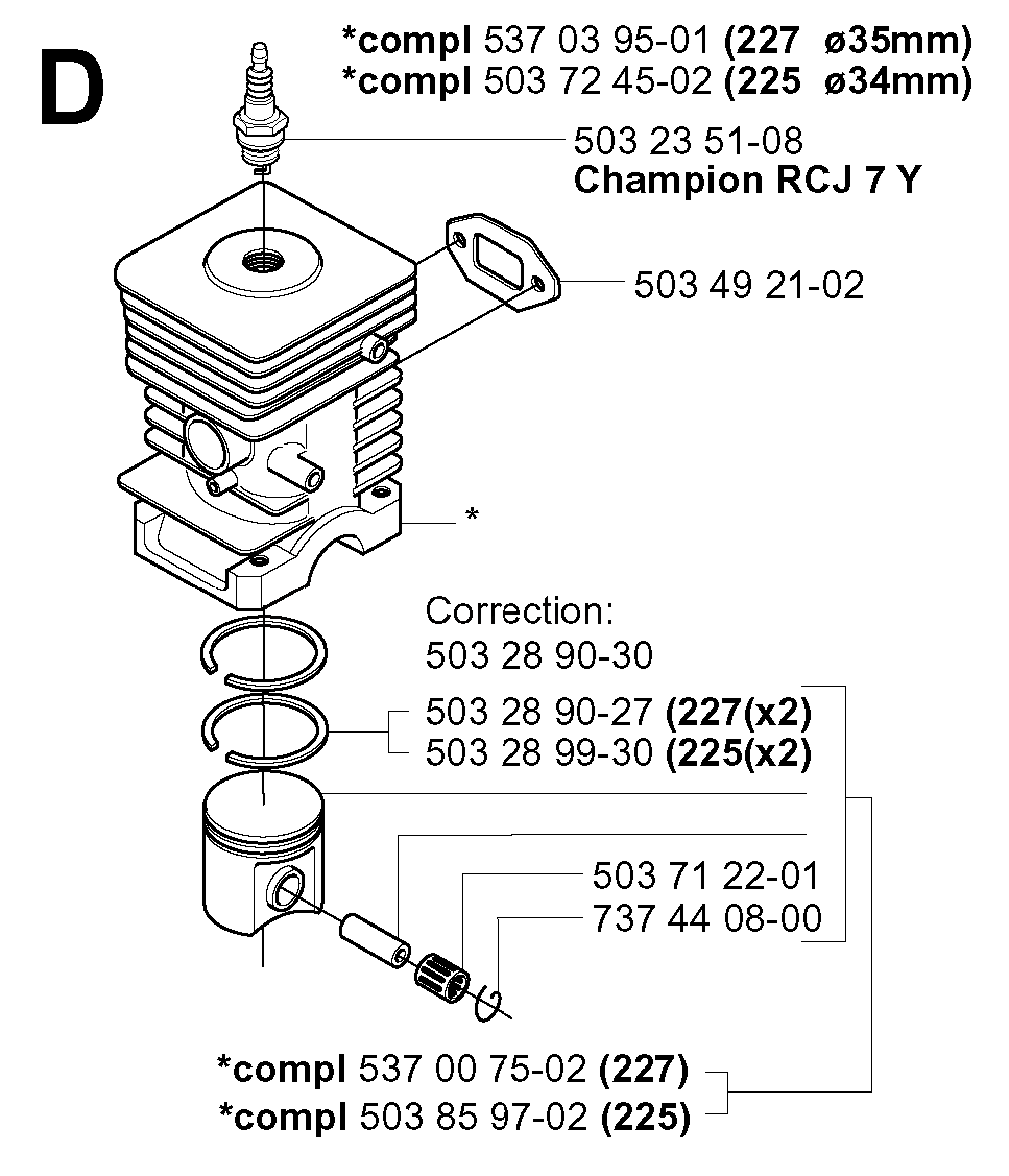 Cylinder Piston Diagram and Parts List for 225RJ 20004000001 & Above Husqvarna Trimmer