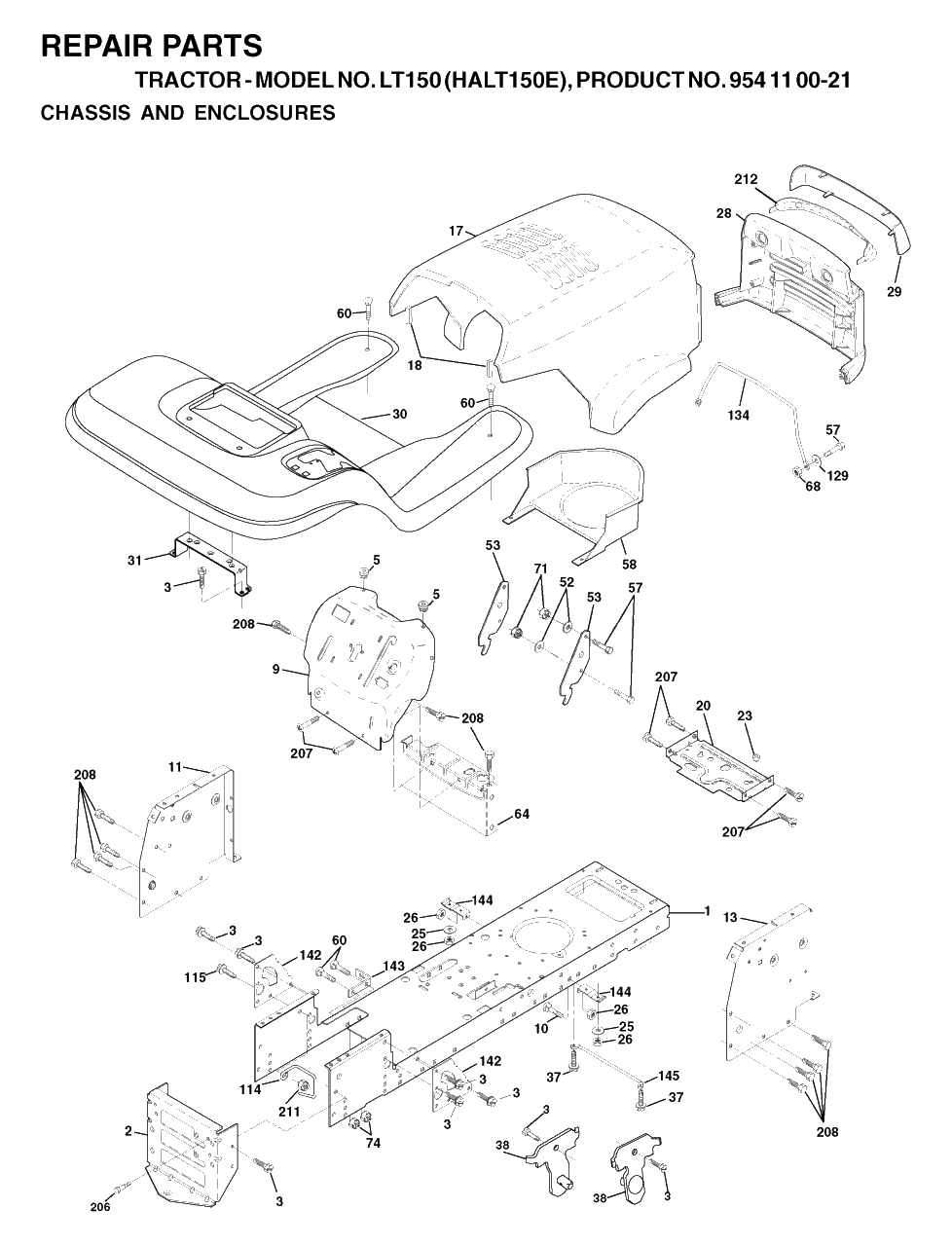 Chassis And Enclosures Diagram and Parts List for LT150 (954110021-E)(2003-01) Husqvarna Lawn Tractor