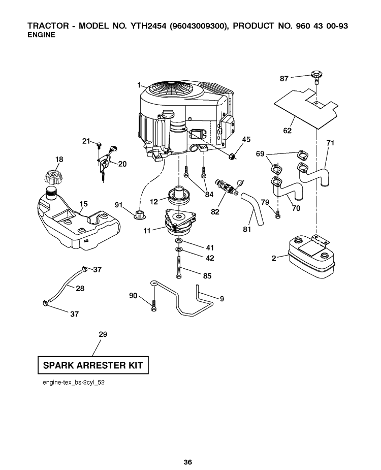Engine Diagram and Parts List for YTH2454 (96043009300)(2009-10) Husqvarna Lawn Tractor