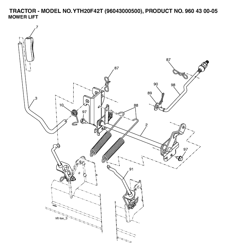 Mower Lift / Deck Lift Diagram and Parts List for YTH20F42T (96043000500)(2006-02) Husqvarna Lawn Tractor