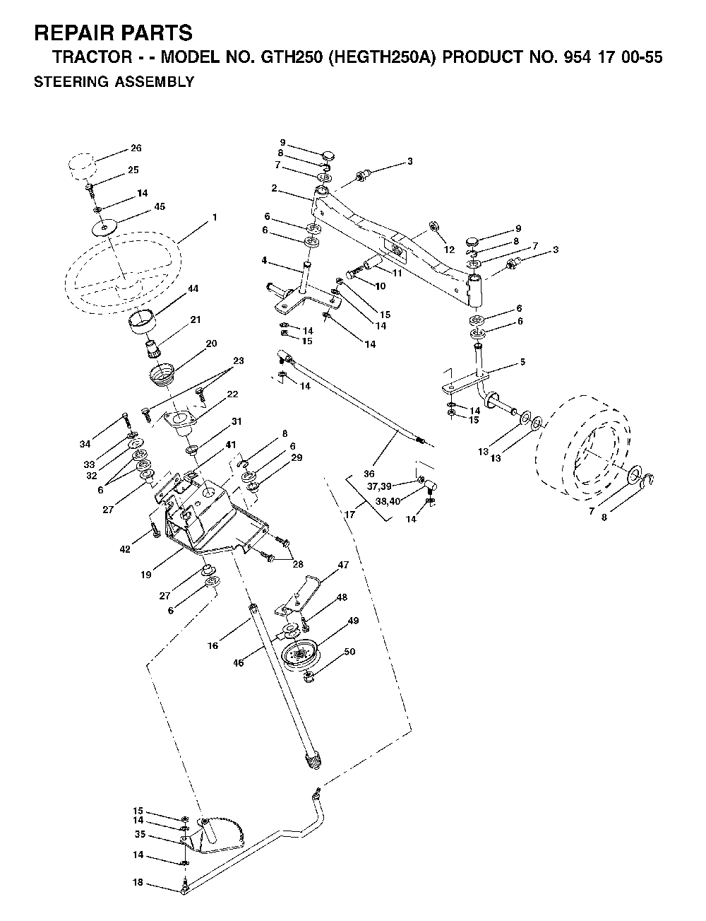Steering Diagram and Parts List for GTH250 (HEGTH250A, 954170055)(2002-03) Husqvarna Lawn Tractor