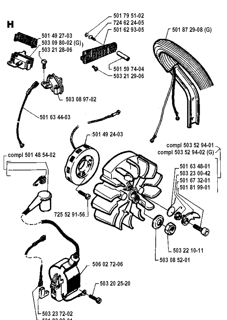 Electrical Diagram and Parts List for 254 19942300001-19960100000 Husqvarna Chainsaw