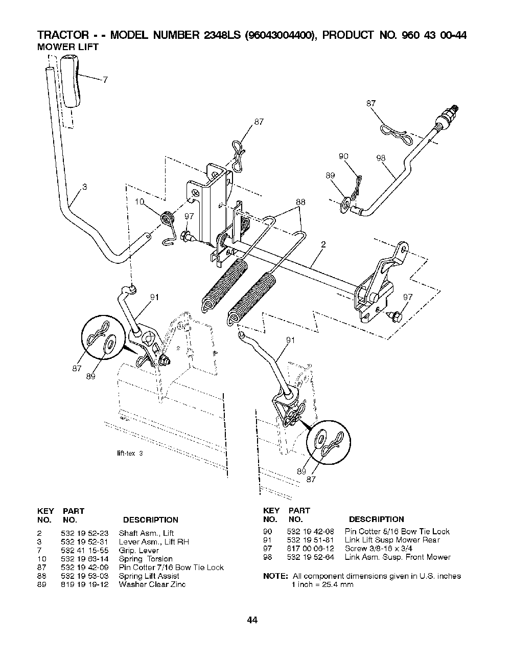 Mower Lift / Deck Lift Diagram and Parts List for 2348LS (96043004400)(2008-01) Husqvarna Lawn Tractor