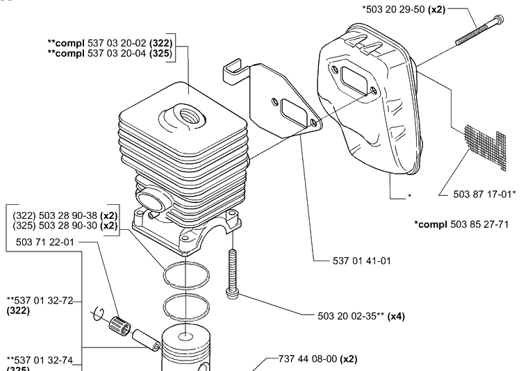 Piston/Cylinder/Muffler Diagram and Parts List for 322R 2000-04 Husqvarna Brush Cutter