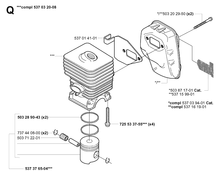 Cylinder, Piston And Muffler Diagram and Parts List for 325RDX 20051800001-Current Husqvarna Brush Cutter