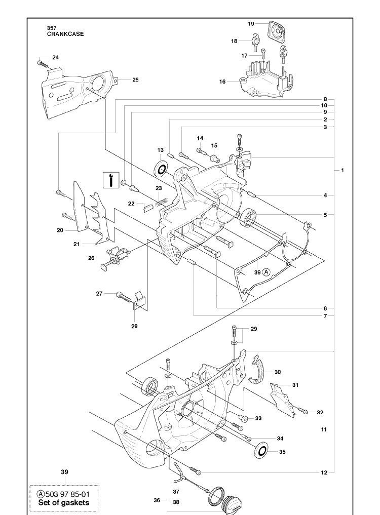 Crankcase Diagram and Parts List for 357 2010-02 Husqvarna Chainsaw
