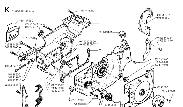 Crankcase Diagram and Parts List for 262XP 19900900001-19910900000 Husqvarna Chainsaw