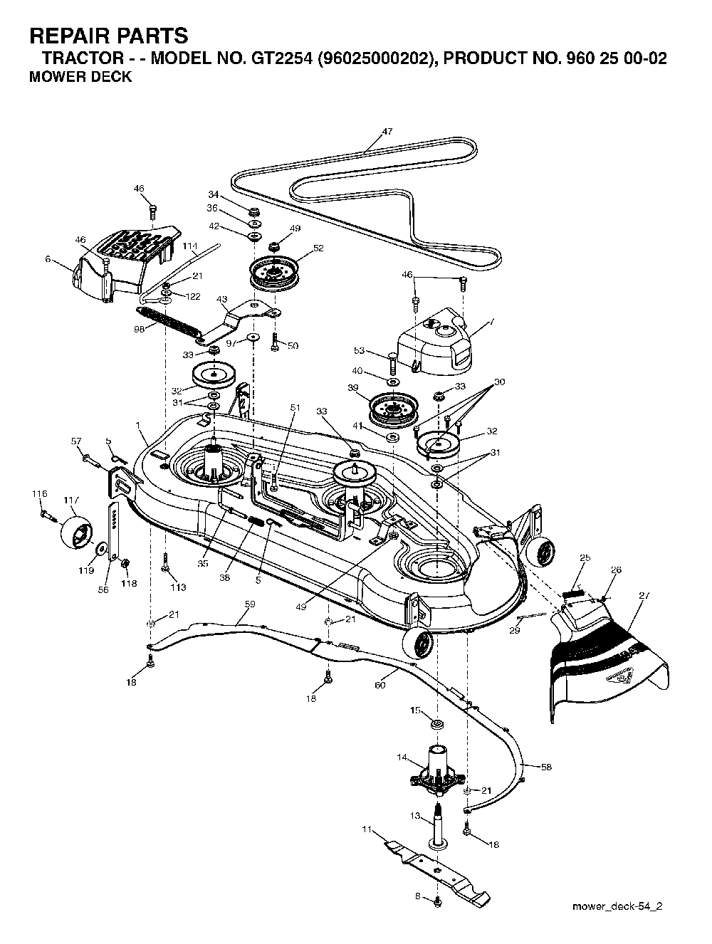 Mower Deck / Cutting Deck Diagram and Parts List for GT2254 (96025000202)(2005-06) Husqvarna Lawn Tractor