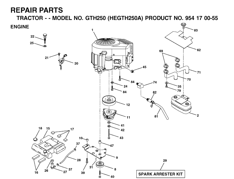 Engine And Cutting Equipment Diagram and Parts List for GTH250 (HEGTH250A)(2002-03) Husqvarna Lawn Tractor