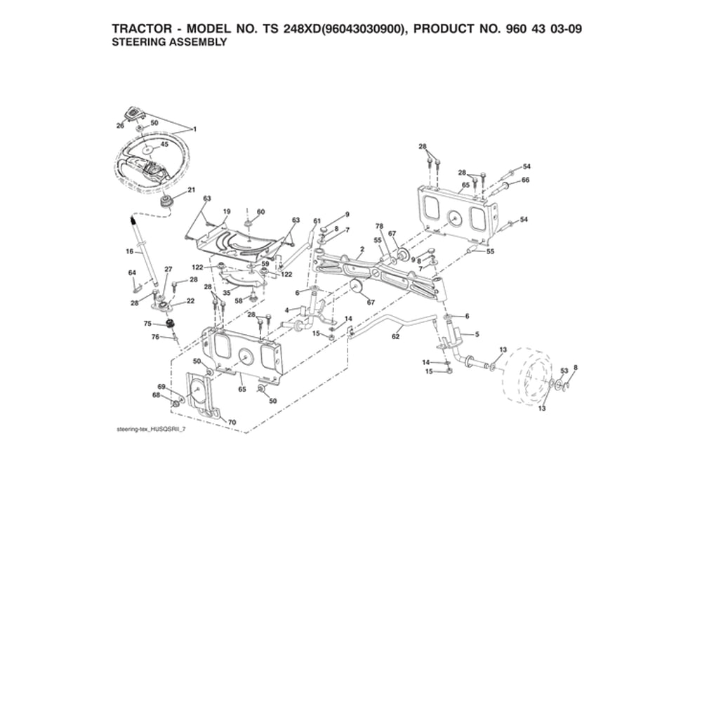 Steering Assy Diagram and Parts List for 96043030900  Husqvarna Lawn Tractor
