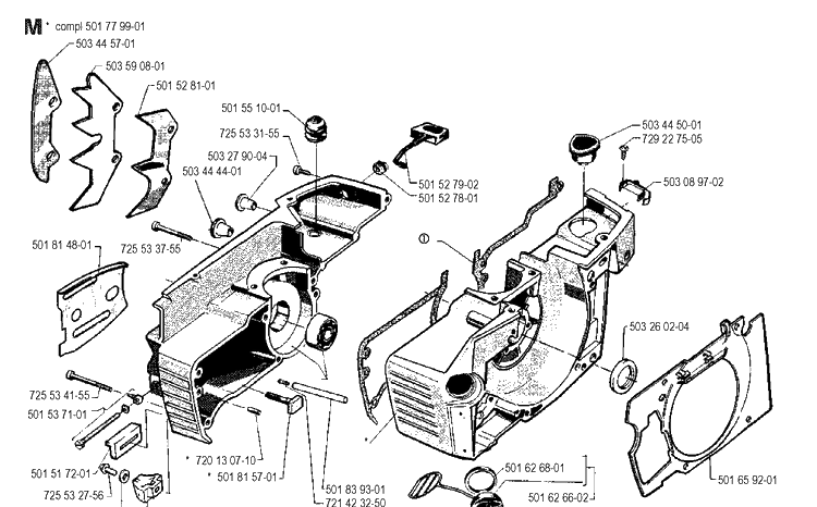 Crankcase Diagram and Parts List for 268 19901800001-19910500000 Husqvarna Chainsaw