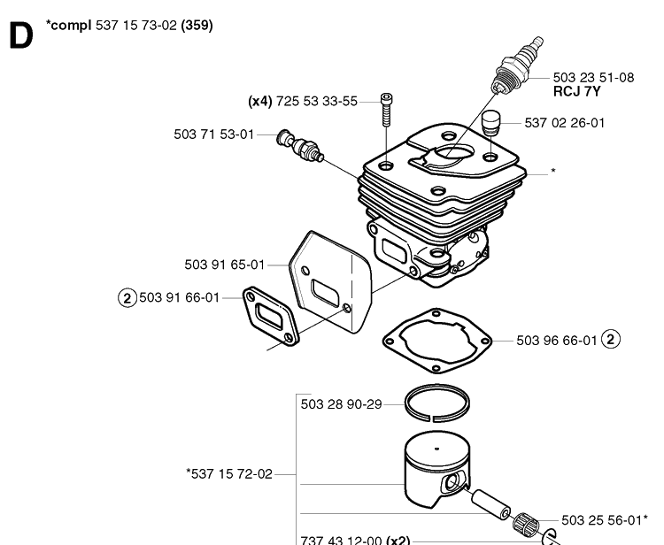 Cylinder Piston 2 Diagram and Parts List for 359 20031400001-20041800000 Husqvarna Chainsaw