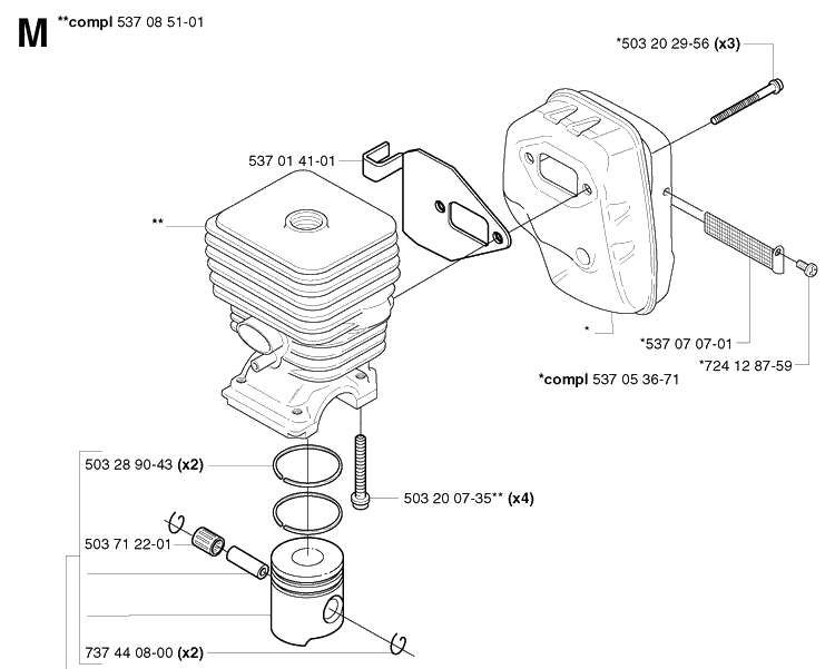 Cylinder Piston Diagram and Parts List for 326C 20020500001-20023100000 Husqvarna Edger