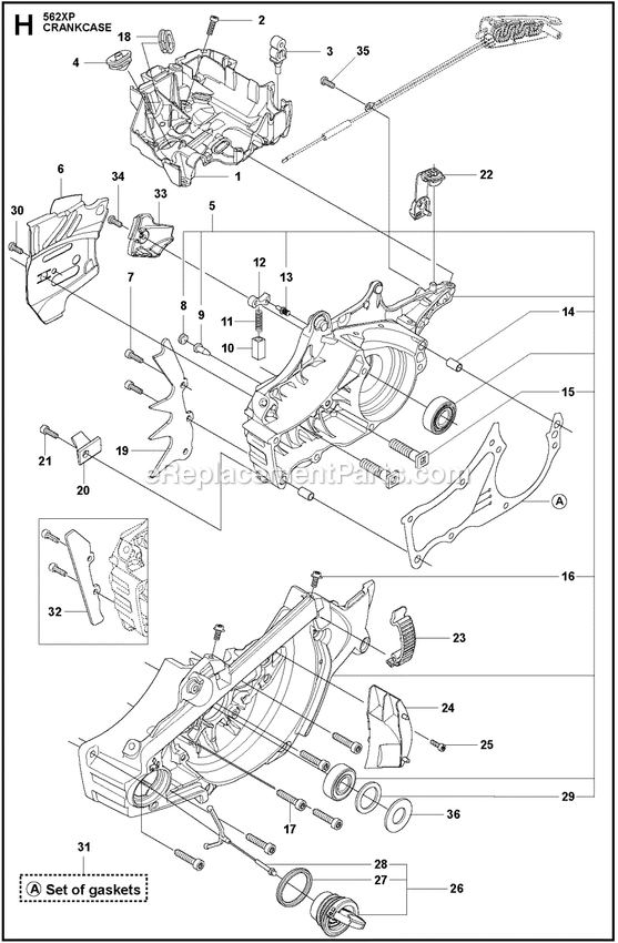Crankcase Diagram and Parts List for 562XPG  Husqvarna Chainsaw