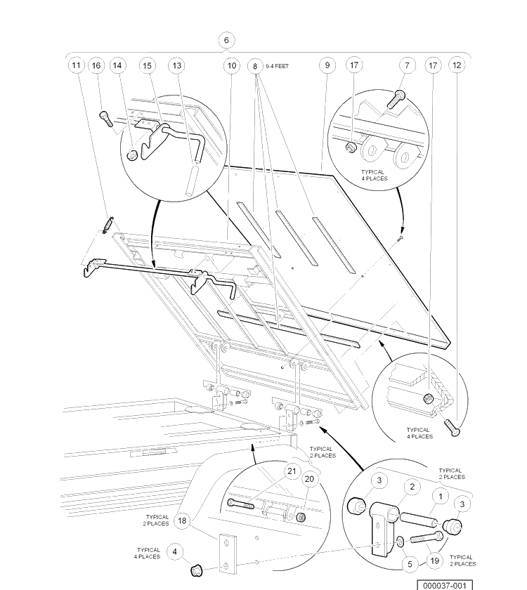 Tilt Bed, Hinge, And Latch Diagram and Parts List for HUV4421DXP 2006-11 Husqvarna Lawn Tractor
