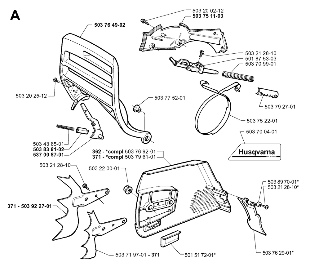 Chain Brake Diagram and Parts List for 371XP 19991800001 & Above Husqvarna Chainsaw