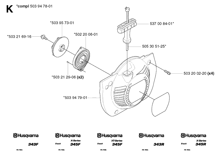 Starter Diagram and Parts List for 343R 20031800001-20043100000 Husqvarna Brush Cutter