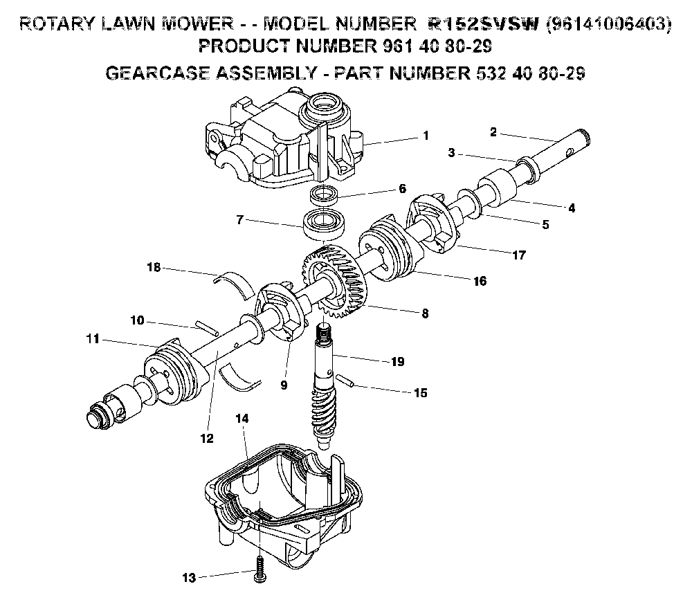 Gear Case Diagram and Parts List for R152SVSW (96141006403, 961410064)(2008-02) Husqvarna Lawn Mower
