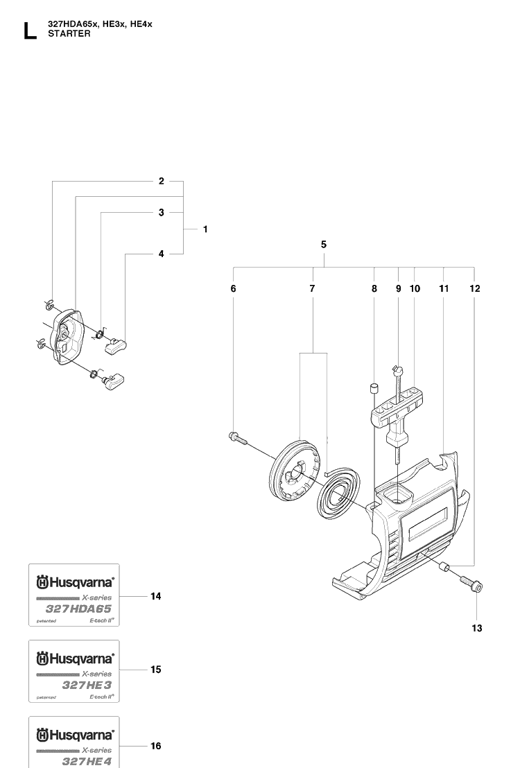 Starter Diagram and Parts List for 327HE4 X-SERIES Husqvarna Hedge Trimmer
