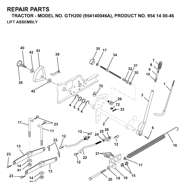 Mower Lift / Deck Lift Diagram and Parts List for GTH200 (954140046A)(1998-09) Husqvarna Lawn Tractor