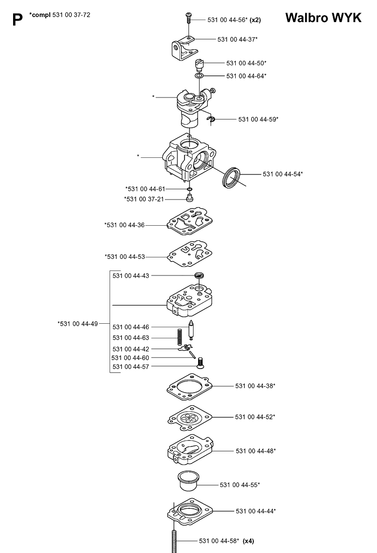 Carburetor Details Diagram and Parts List for 165BT 20053300001-Current Husqvarna Leaf Blower / Vacuum