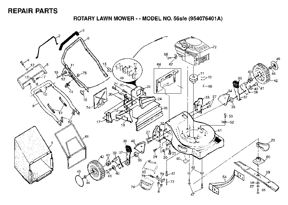 Repair Parts Diagram and Parts List for 56SFE (954076401A)(1995-09) Husqvarna Lawn Mower