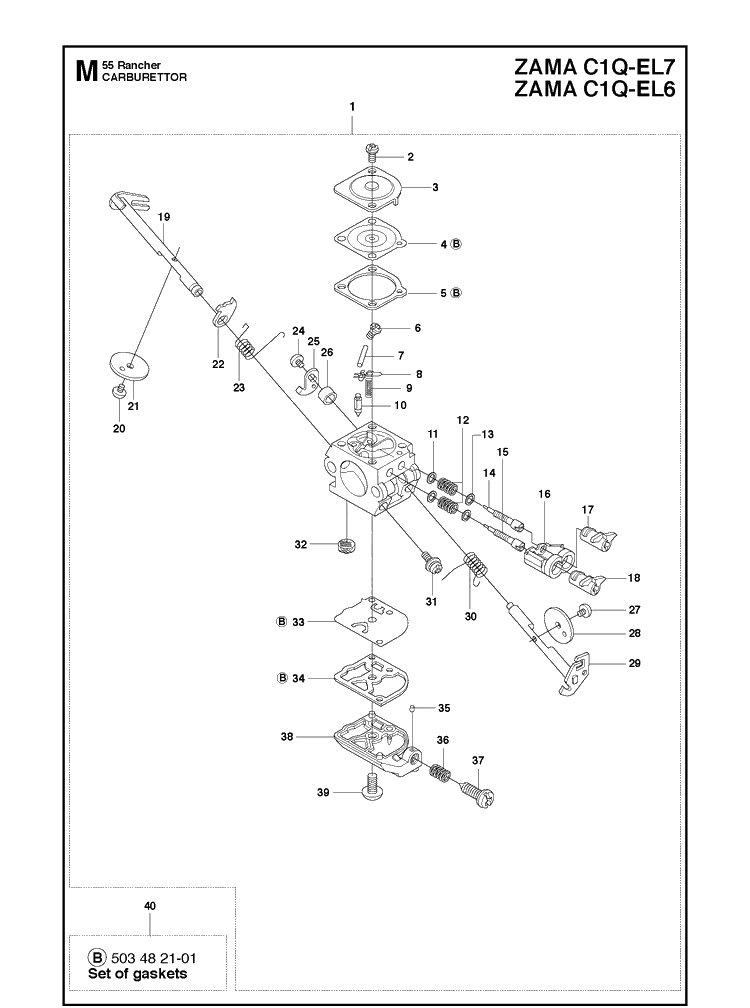 Carburetor Diagram and Parts List for 55 (RANCHER)(20101400001-Current) Husqvarna Chainsaw