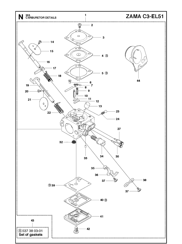 Carburetor Details Diagram and Parts List for 353  Husqvarna Chainsaw