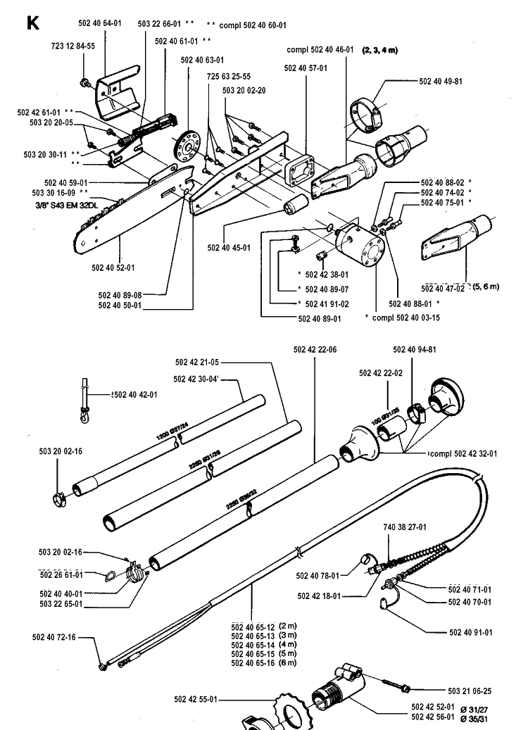 Saw Head Diagram and Parts List for 250PS 19940600001-19960500000 Husqvarna Pole Saw