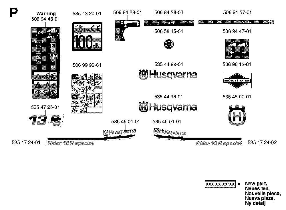 Decals Diagram and Parts List for RIDER13RSPECIAL (953533901)(2006-01) Husqvarna Lawn Tractor