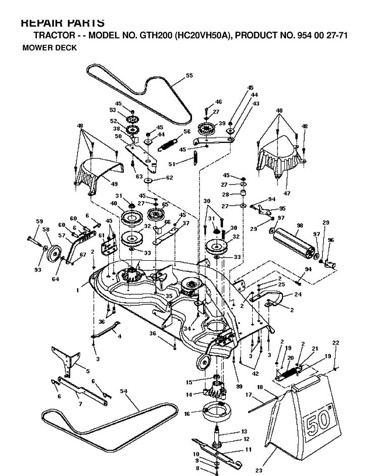 Mower Deck / Cutting Deck Diagram and Parts List for GTH200 (HC20VH50A)(1996-04) Husqvarna Lawn Tractor
