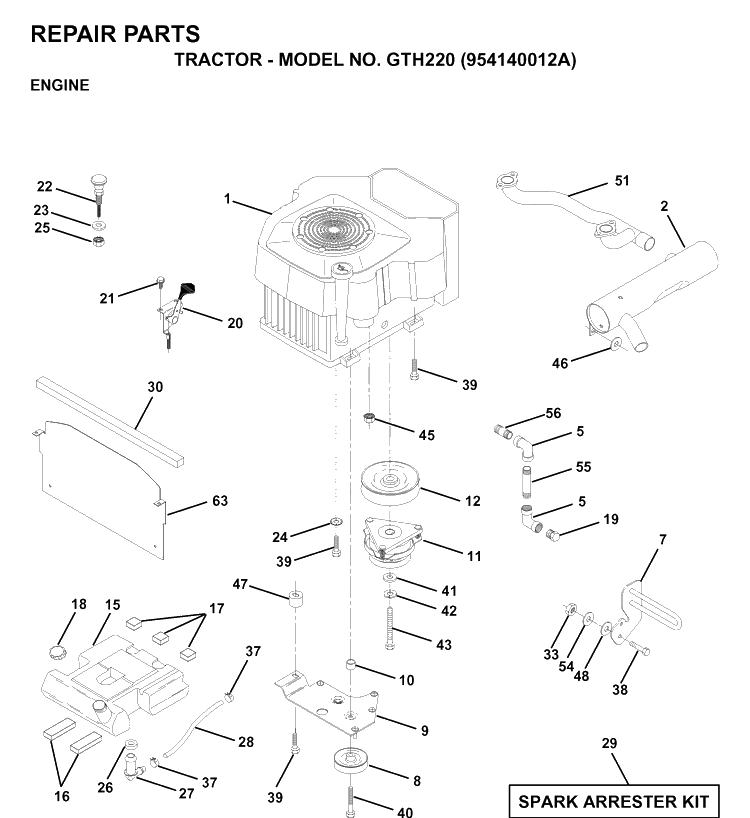 Engine Diagram and Parts List for GTH220 (954140012A)(1997-01) Husqvarna Lawn Tractor