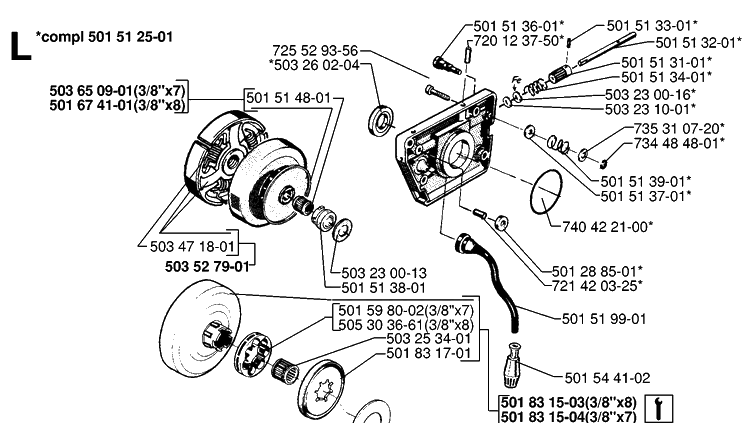 Clutch And Oil Pump Diagram and Parts List for 268 19970100001-19994500000 Husqvarna Chainsaw