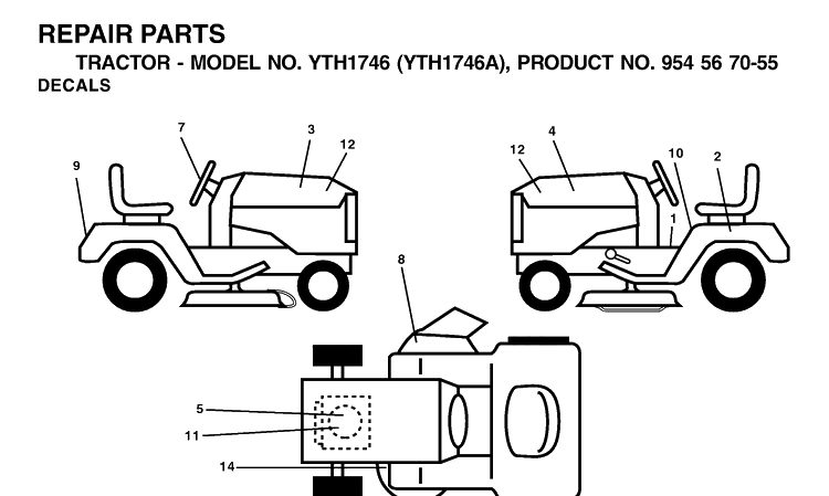Decals Diagram and Parts List for YTH1746 (954567055)(2000-11) Husqvarna Lawn Tractor