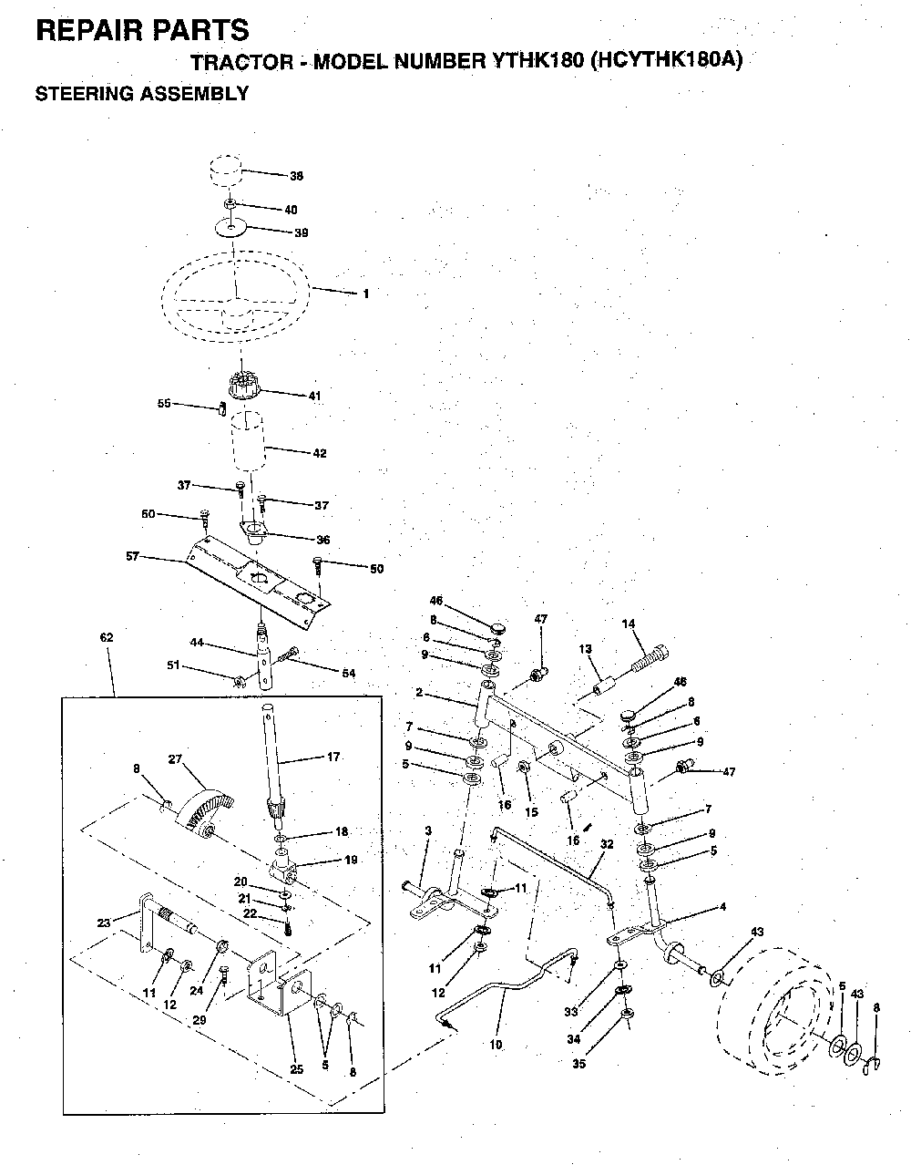 Steering Diagram and Parts List for YTHK180 (HCYTHK180A)(1996-01) Husqvarna Lawn Tractor