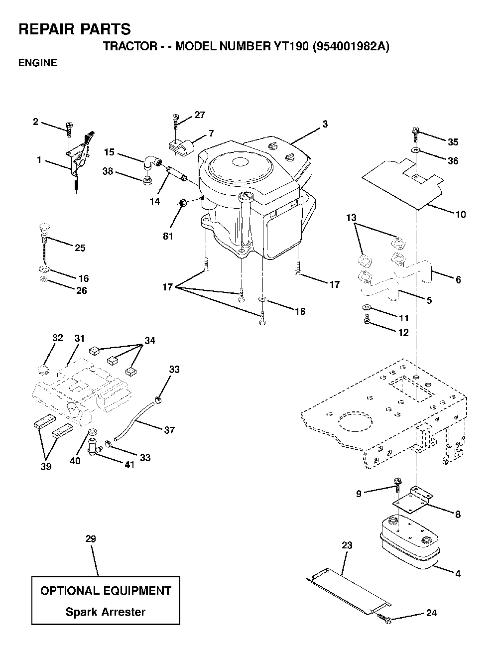Engine Diagram and Parts List for YT190 (954001982A)(1995-03) Husqvarna Lawn Tractor