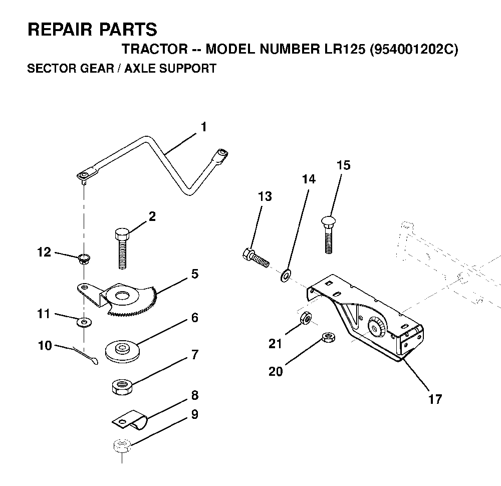 Sector Gear / Axle Support Diagram and Parts List for LR125 (954001202C)(1995-03) Husqvarna Lawn Tractor