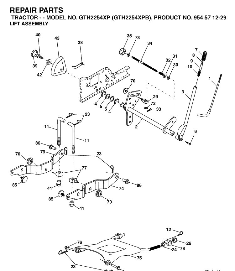 Mower Lift / Deck Lift Diagram and Parts List for GTH2254XP-GTH2254XPB 2004-08 Husqvarna Lawn Tractor