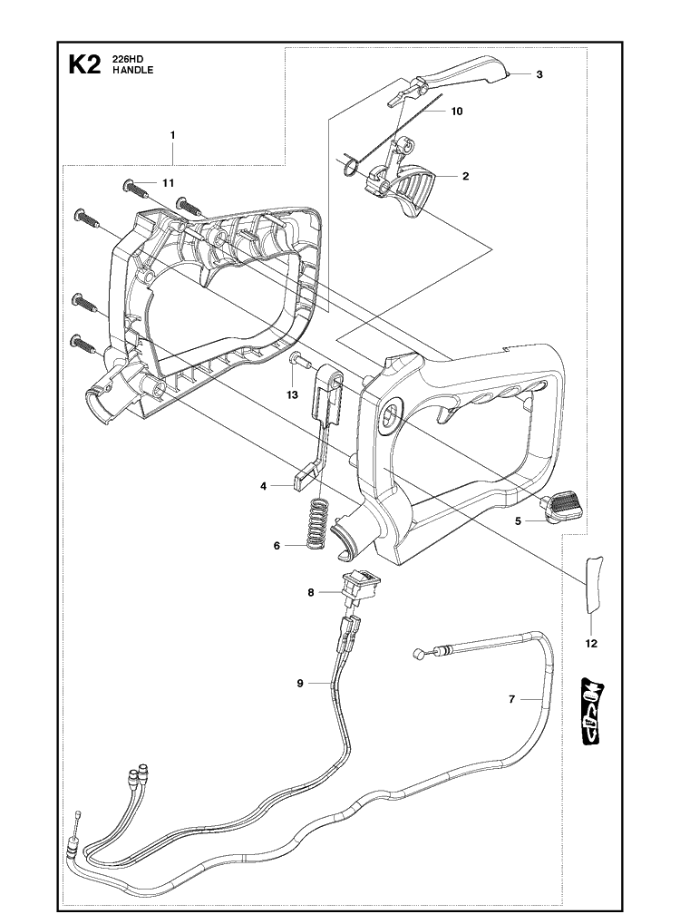 Handle 2 Diagram and Parts List for 226HD75S 20090100001-20130499999 Husqvarna Hedge Trimmer