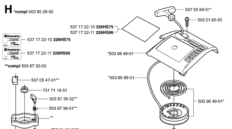 Starter Diagram and Parts List for 326HS99 (X-SERIES)(20020100001-20030100000) Husqvarna Hedge Trimmer