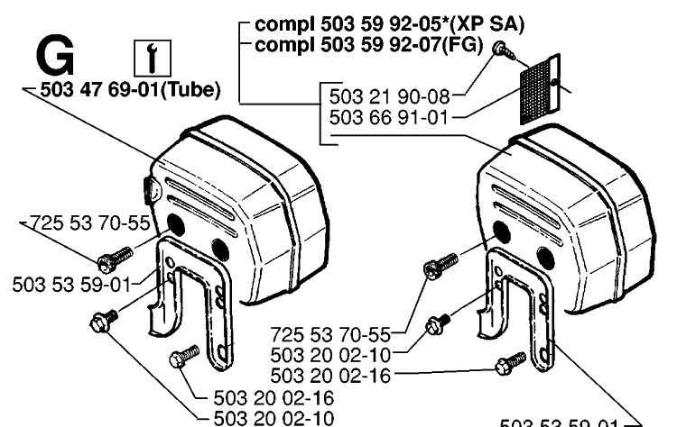 Muffler Diagram and Parts List for 61 19970100001-19993100000 Husqvarna Chainsaw